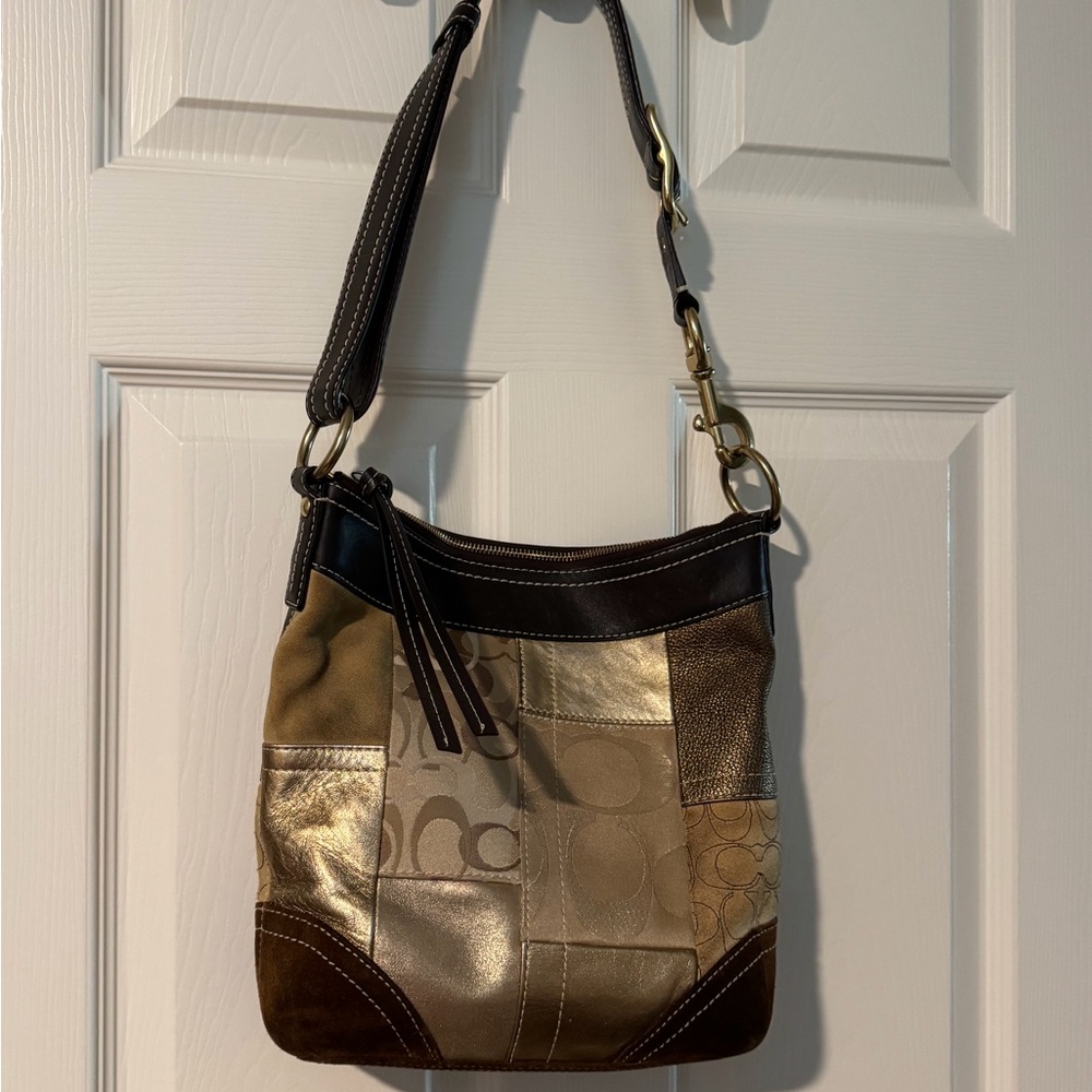 Coach 10387 Signature  Suede/Canvas/Leather Patchwork Crossbody/Shoulder Bag